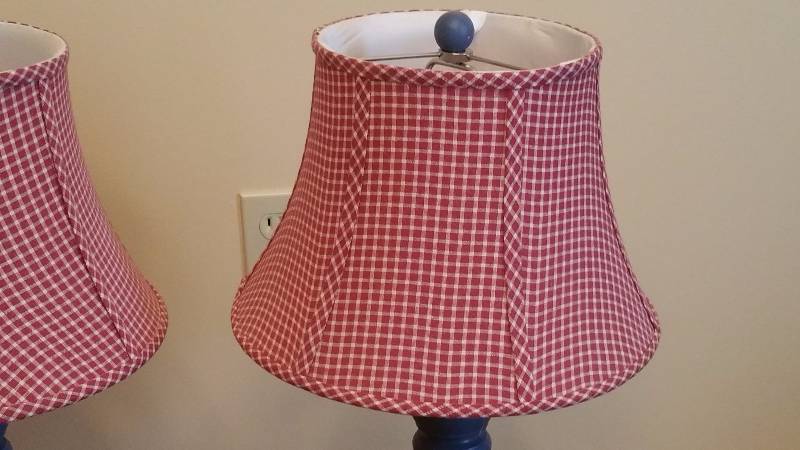 lot 33A image: Pair of Blue Distressed Table Lamps w Red & White Checkered Shades