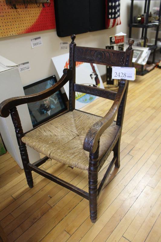 lot 2428 image: Decorative Wood Chair w Wicker Seat