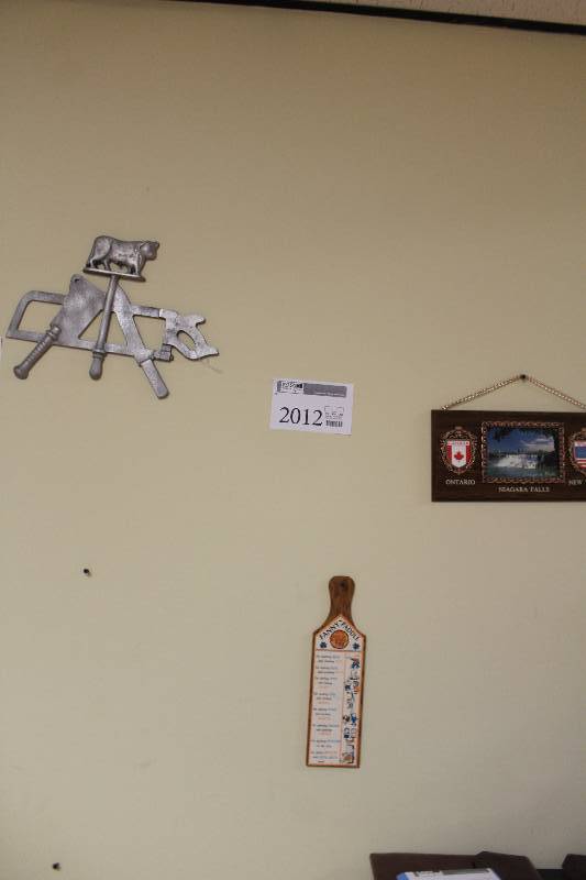 lot 2012 image: Lot of (3) Butcher Wall Art, Niagra Falls Wall Plaque, Fanny Paddle