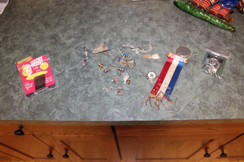 lot 2120 image: Helen Cornell Rubber Tipped Bobby Pins, Tie Clips, Watch, Medals
