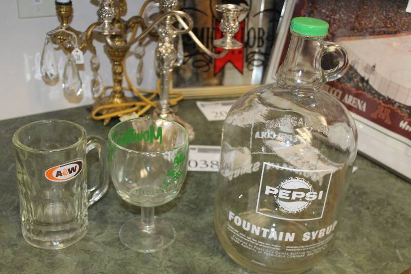 lot 2110 image: Lot of (3) Pop Glassware - Mug, Glass, Fountain Syrup Gallon Jug