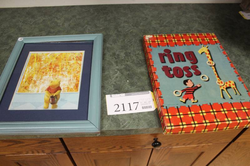 lot 2117 image: Winnie The Pooh by Alan Batsan Framed Matted Wall Art, Vintage Ring Toss Game In Box