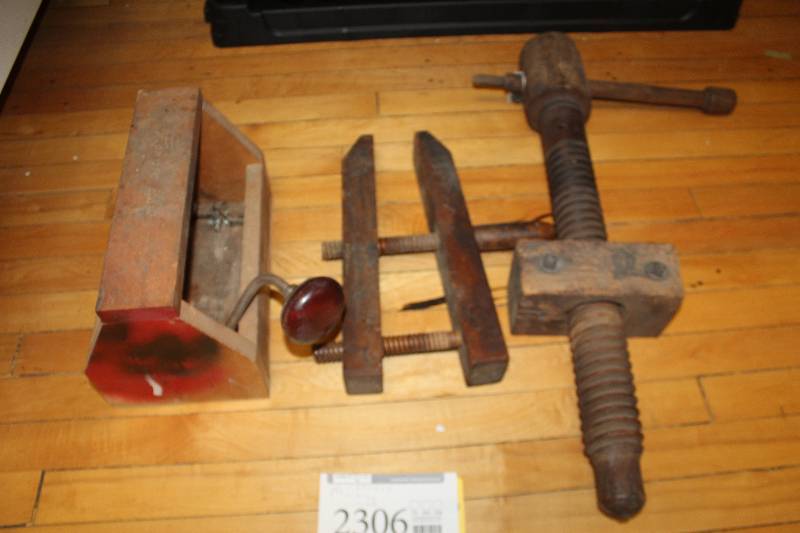 lot 2306 image: Lot of (4) Wood Tools - Vices, Drills, Box