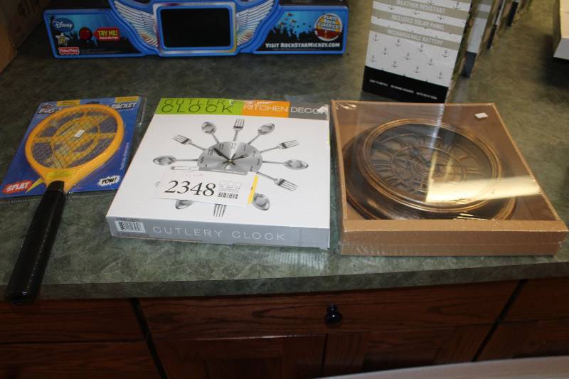 lot 2348 image: Lot of (3) 2-Wall Clocks, 1-Fly Swatter
