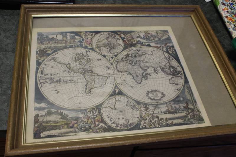 lot 2355 image: 1690 Framed Matted World Map