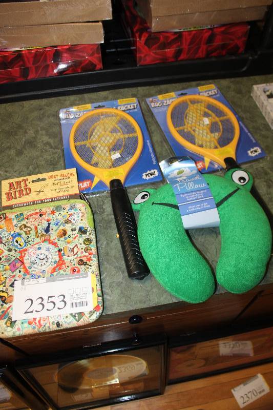lot 2353 image: Lot of (4) Sleeping Neck Brace, Electric Bug Tennis Racket, Art Bird iPad Sleeve