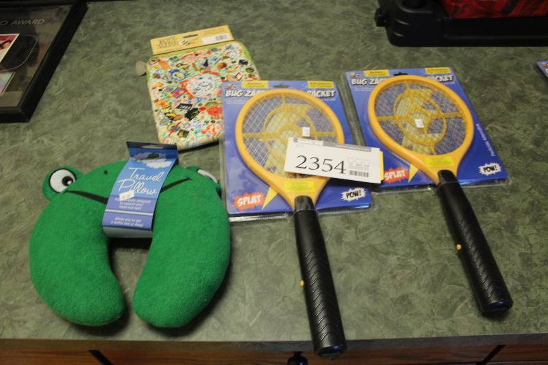 lot 2354 image: Lot of (4) Sleeping Neck Brace, Electric Bug Tennis Racket, Art Bird iPad Sleeve