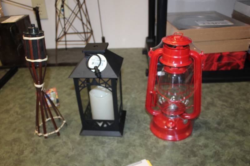 lot 2344 image: Lot of (3) Tiki Torch, Camping Oil Lamp, LED Lantern