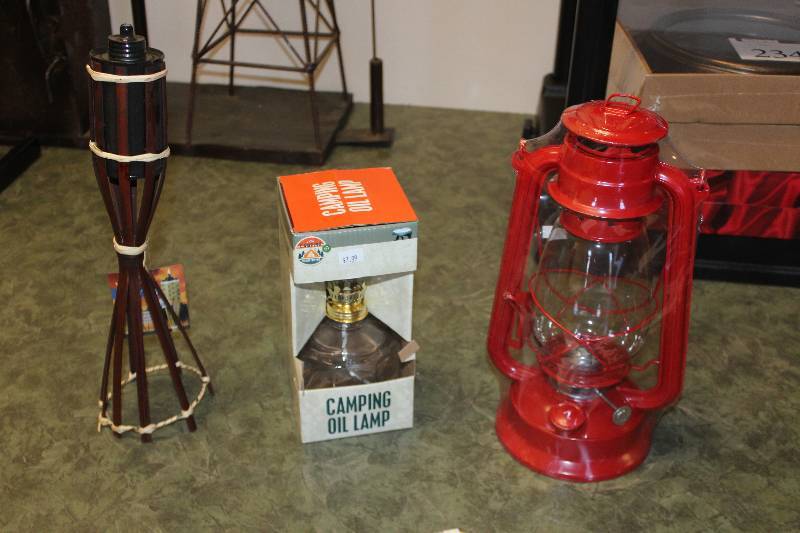 lot 2341 image: Lot of (3) Tiki Torch, Camping Oil Lamp, LED Lantern