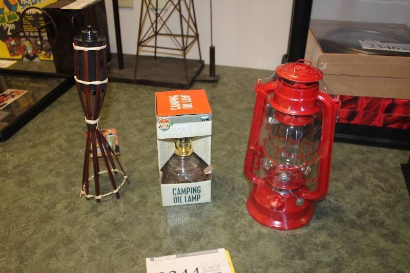 lot 2342 image: Lot of (3) Tiki Torch, Camping Oil Lamp, LED Lantern