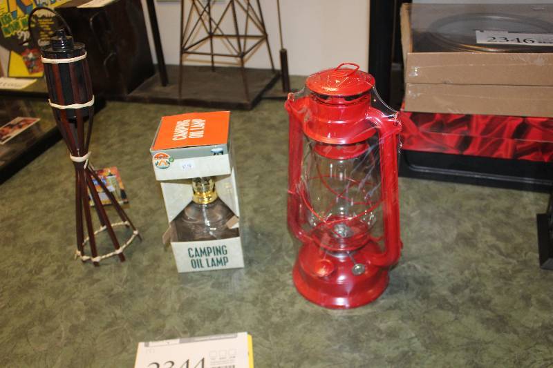 lot 2343 image: Lot of (3) Tiki Torch, Camping Oil Lamp, LED Lantern