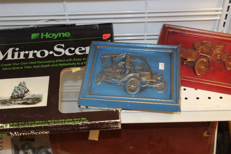 lot 2415 image: Lot of (3) Hoyne Mirro-Scene Tiles - Old Cars, Ship