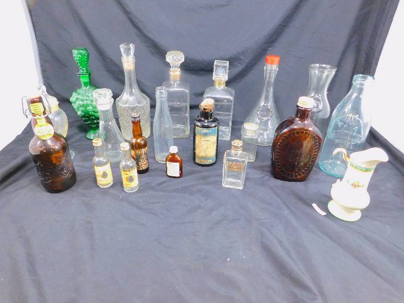 lot 40 image: Lot of Vintage Glass Decanters and Medicine & Alcohol Bottles