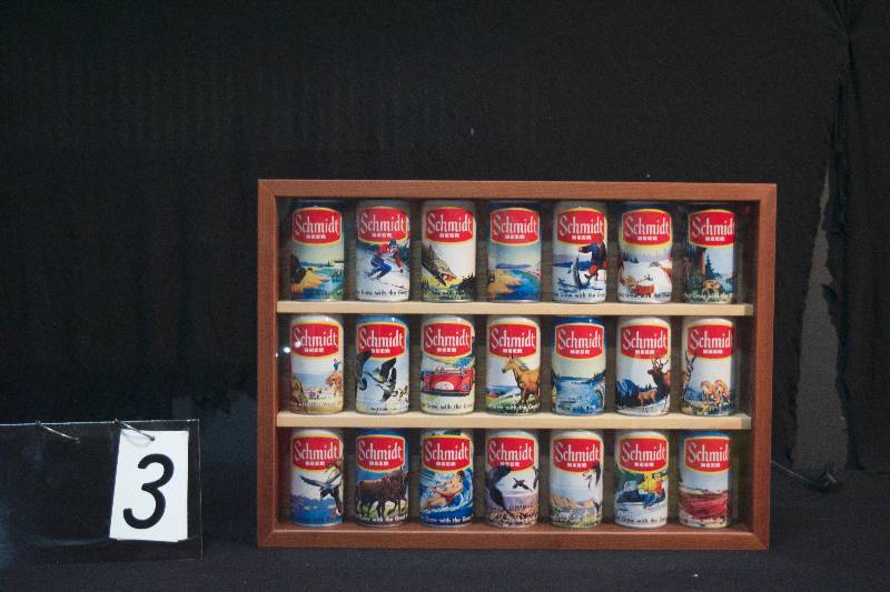 lot 3 image: Schmidt Sport Pack series of cans, very nice condition, very finely made display cabinet with glass front
