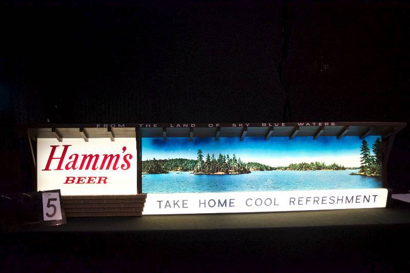 lot 5 image: Hamms Refreshment, Hamms lighted sign with scenic picture, small chip on the back of roof - not visible when displayed. Great looking sign.