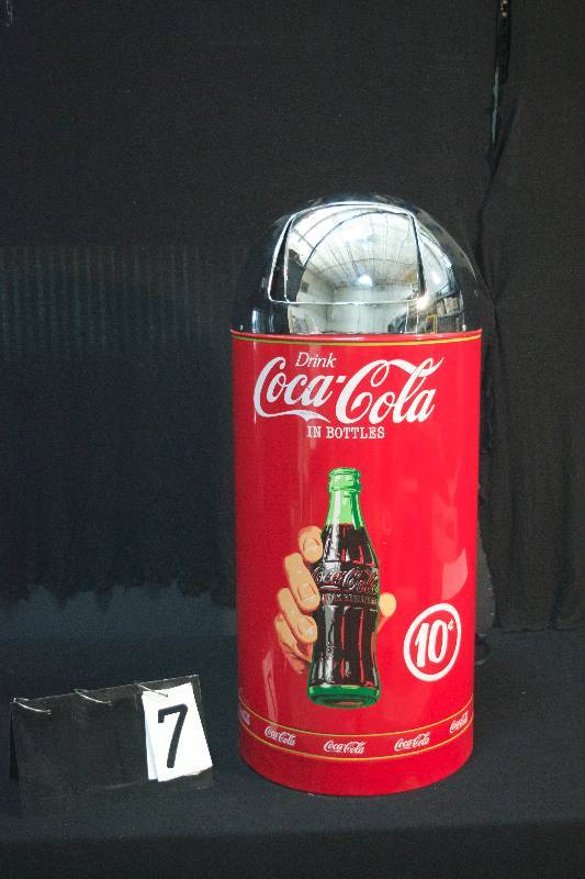 lot 7 image: Coca-Cola Coke themed garbage can, chrome top, used but in very good condition