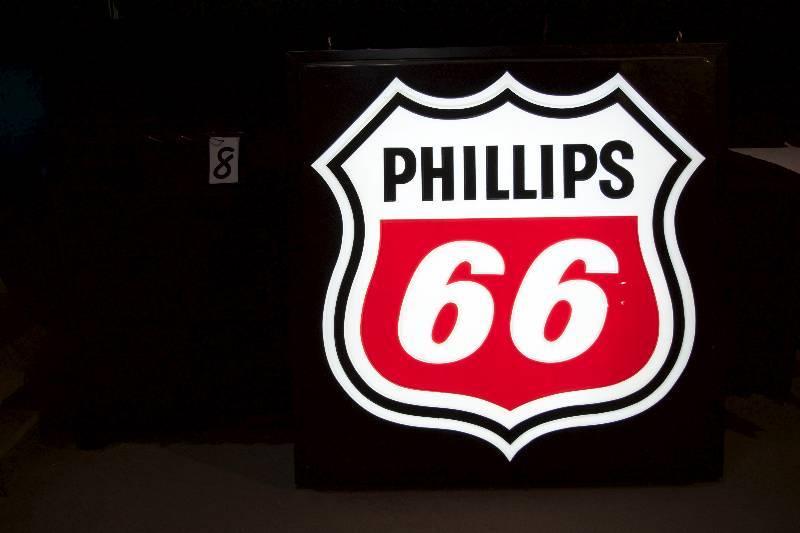 lot 8 image: Phillips 66 embossed plastic pillow face, internally illuminated with LEDs, new cabinet and LEDs