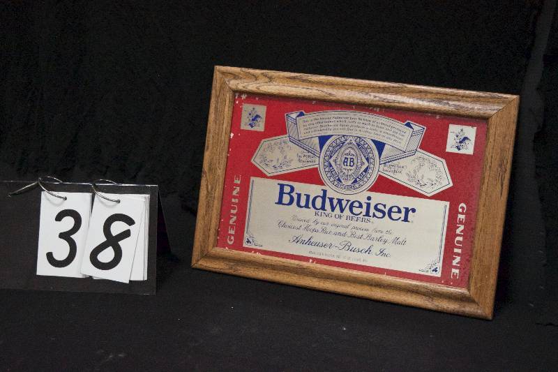 lot 38 image: Budweiser logo mirror, reverse paint is cracking, still looks good