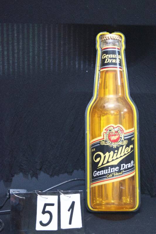 lot 51 image: Miller Genuine Draft 3D plastic bottle with neon