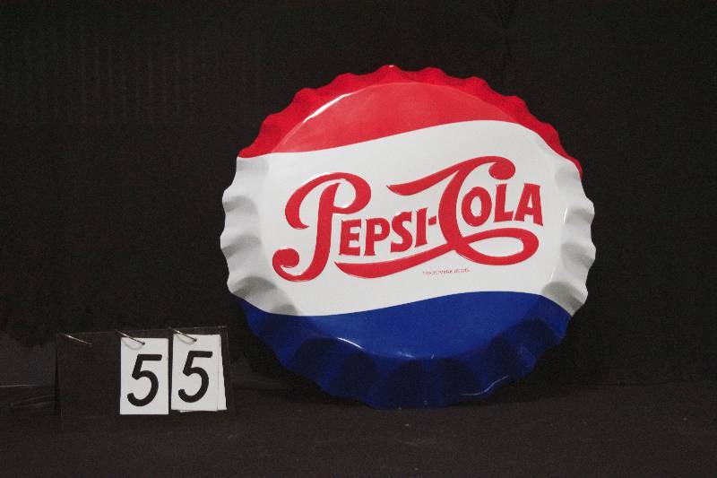 lot 55 image: Pepsi embossed bottle cap, paintd tin sign