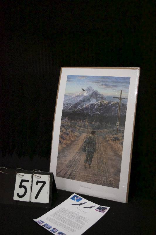 lot 57 image: Homecoming print, dedicated to our heroes in the service, many hidden images and a hidden message in the print, unframed