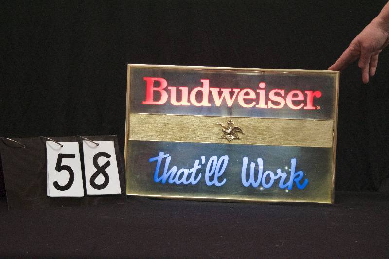 lot 58 image: Budweiser Thatll Work plastic light up sign, excellent period piece