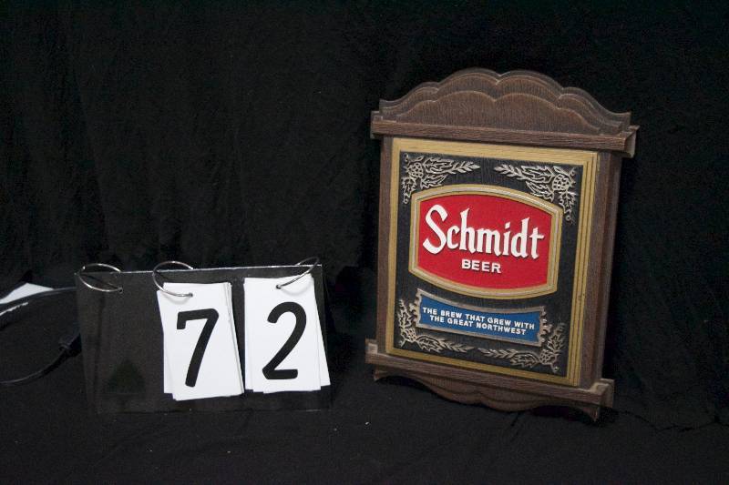 lot 72 image: Schmidt Beer vaccuum formed plastic wall sign, decent condition, a couple cracks, but looks great