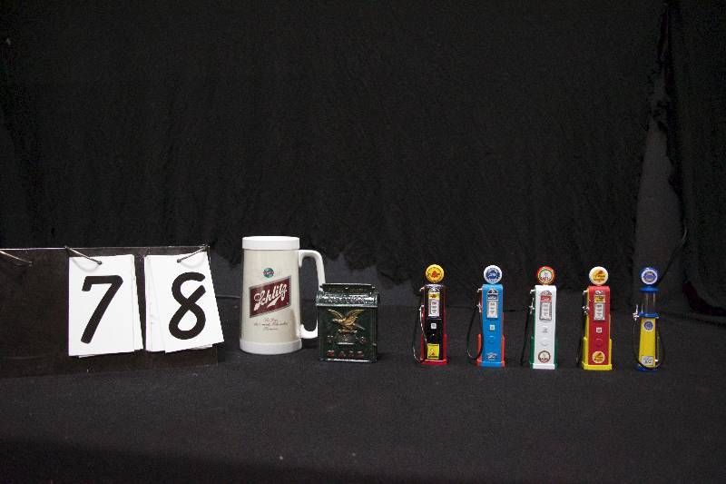 lot 78 image: Lot of plastic Schmidts Beer mug, cast metal coin bank that resembles an antique post office box, (5) metal mini-gas pumps Ford Authorized service, Pennzoil, Gilmore Gasoline, Eagle Gas, Chevrolet Sales and Service antique visible pump