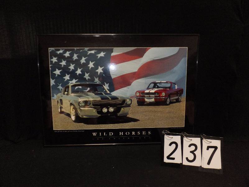 lot 237 image: Wild Horses mustang car print, framed, can be modified to electric art - had LEDs in headlights, now missing
