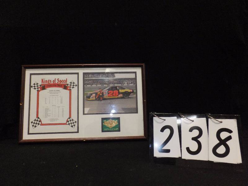 lot 238 image: Kings of Speed framed poster featuring Davey Allison stats, framed and matted by Dream Team Sports Collectibles
