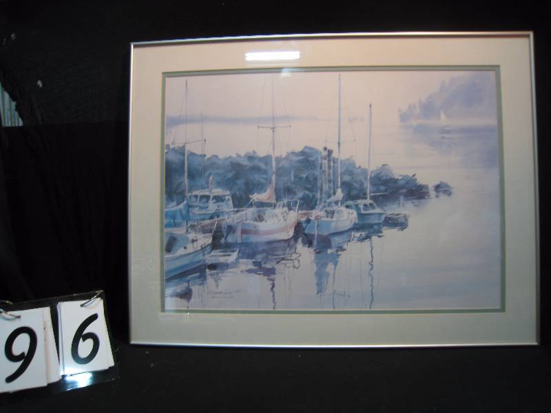lot 96 image: Framed watercolor print titled Breakwater, professionally framed and matted, beautiful