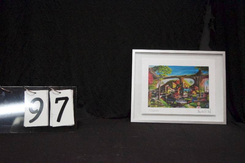 lot 97 image: US Navy Veteran and artist Alejandro de Leon Franco professionally framed, signed, digital print The Little Village, vibrant