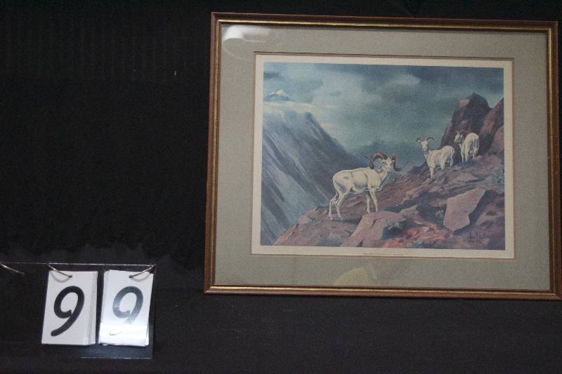 lot 99 image: Matted and framed print, artist Les Kouba, Dall Sheep in High Country