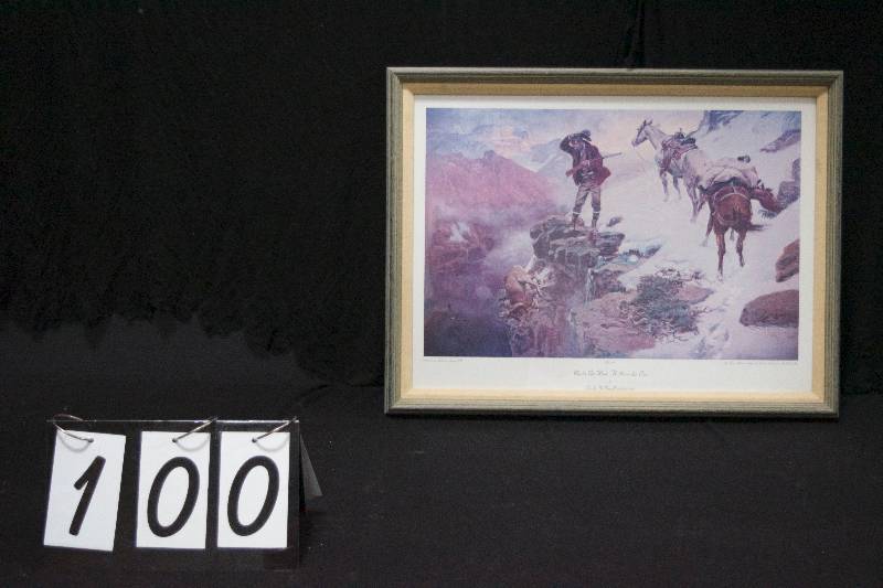 lot 100 image: Framed and matted artist print, Charles M Russell artist, Meats not Meat til its in the Pan