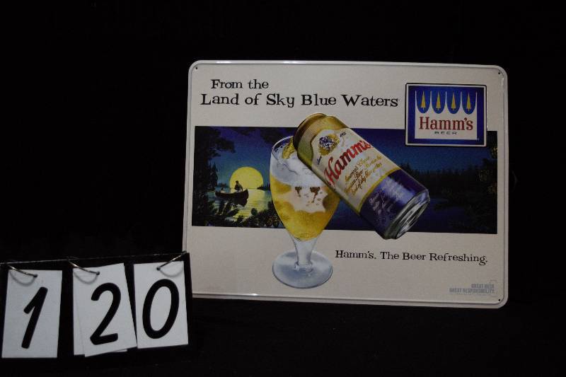 lot 120 image: Hamms Beer tin tacker sign, embossed, NOS (New Old Stock)