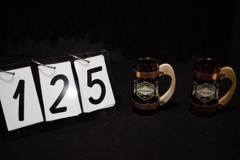 lot 125 image: Grain Belt Beer wood-handled brown glass mugs with Stanley and Albert