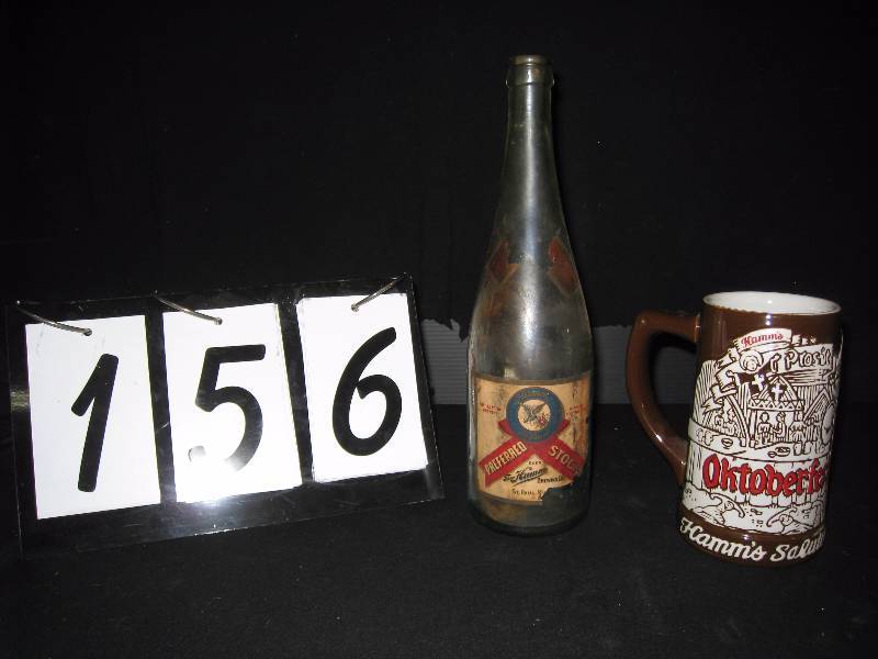 lot 156 image: 1973 Hamms Oktoberfest ceramic mug, original Hamms Preferred Stock bottle