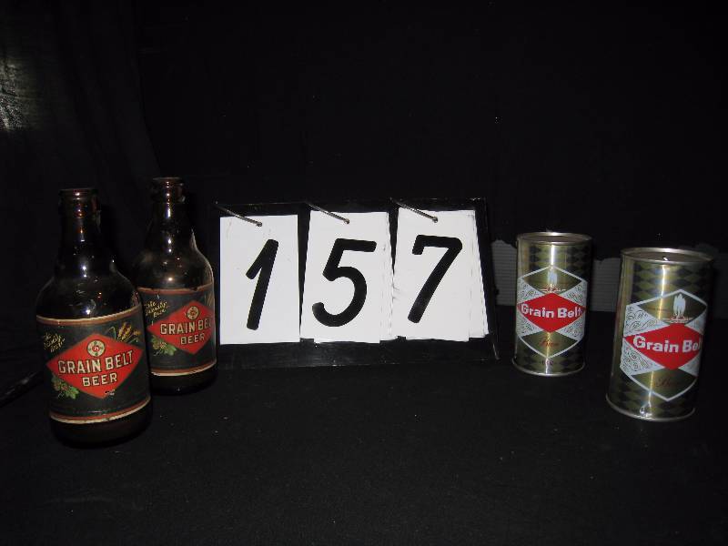 lot 157 image: 2 vintage Grain Belt bottles with great labels, 2 Grain Belt Beer can coin banks