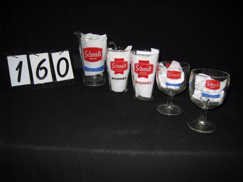 lot 160 image: Schmidt Beer glassware, 1 pitcher, 2 Whopper glasses - says Whopper on one side - has a fish or pheasant on the other side, and 2 thumbprint goblets
