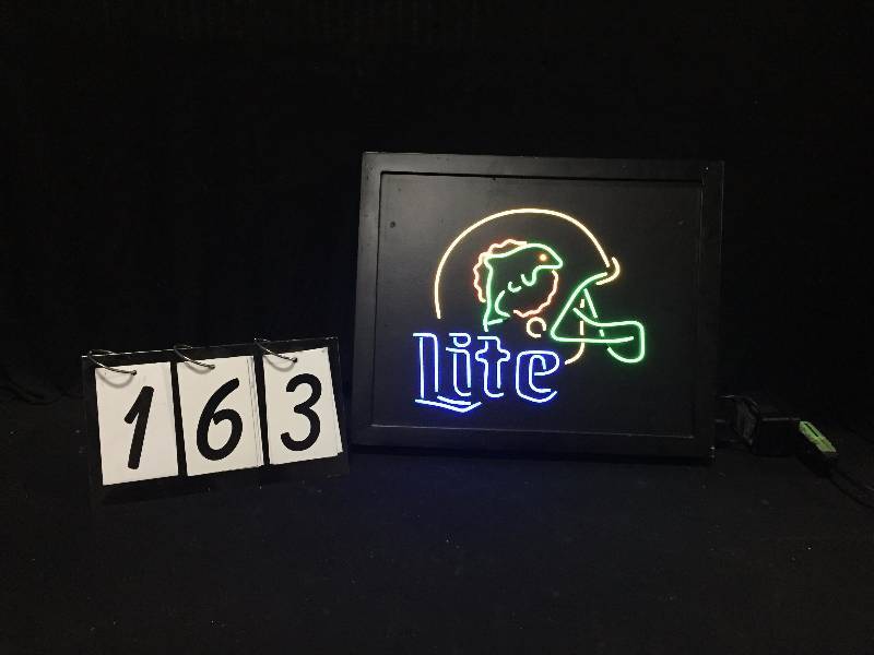 lot 163 image: Miller Lite Miami Dolphins neon. Cool scrolling, neon motion. See the video.