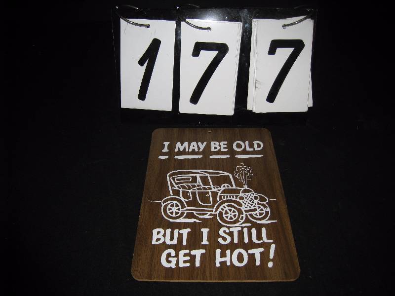 lot 177 image: Wood sign I may be old but I still get hot.
