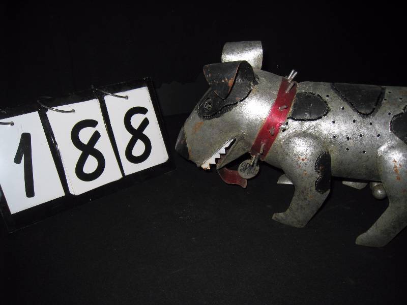 lot 188 image: Spike the Junkyard Dog lantern  luminary handcrafted metal art by Blue Handworks, retired