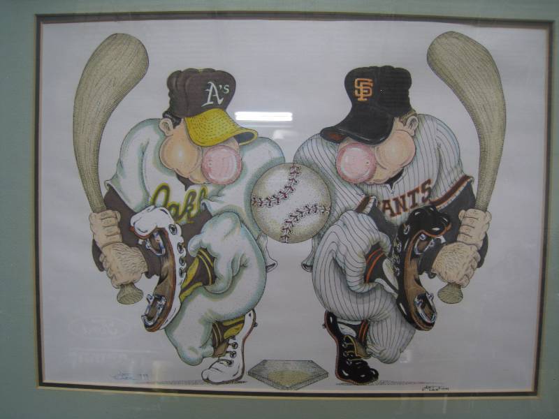 lot 189 image: Art Carr, signed 1989 colored drawing of As vs San Francisco SF Giants World Series, Earth Quake Series (Game 3 had the 6.9 earthquake). Cool personal note of thanks on back, also signed by Art Carr