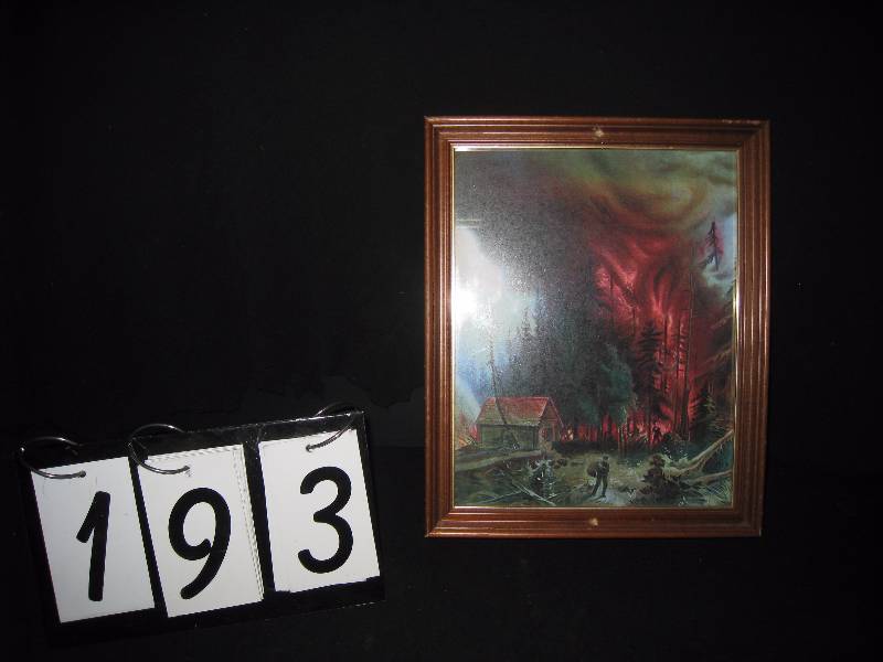 lot 193 image: Cabin in the wood, fire, nicely framed. Perfect cabin art