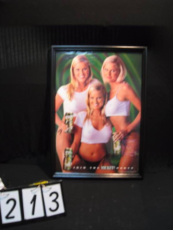 lot 213 image: Mickeys Malt Liquor framed poster, featuring the Dahm Triplets from Apple Valley, MN