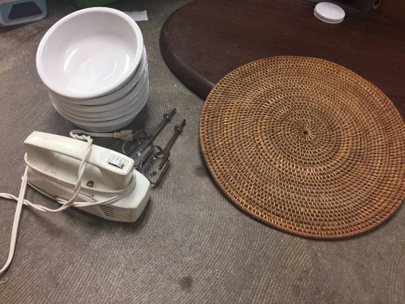 lot 96 image: 6 white bowls, circular table place mat, and hand mixer