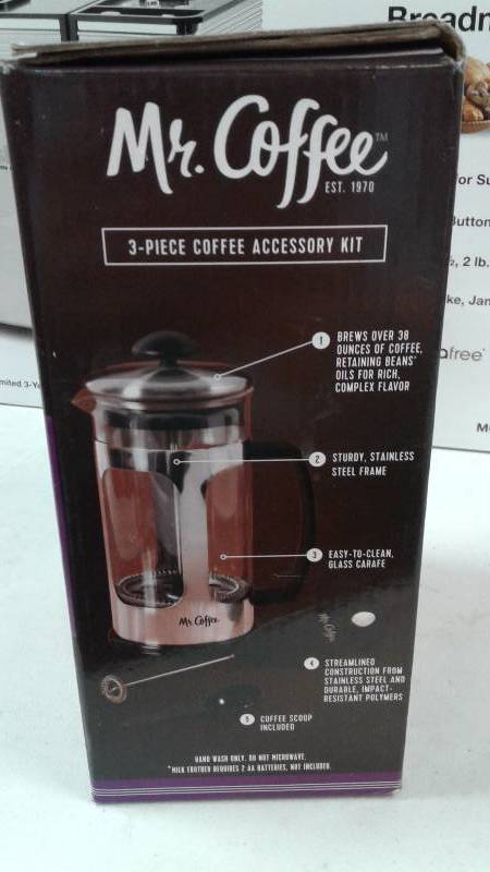 lot 20 image: Mr. Coffee French Press 3 Pc. Coffee set -CRACKED GLASS AND MISSING SCOOP-