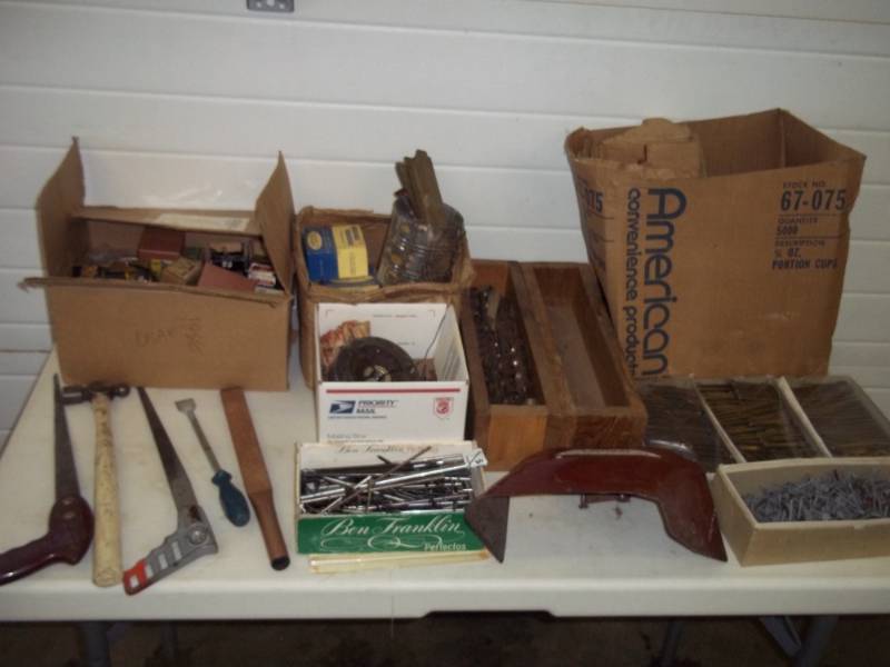Assorted Tools, File, Saw, etc� Very Large Assortment of Many Boxes of Bolts, 3 Boxes of Door Hinges, 2 Door Latches, Box of Large Drill Bits, Nails, Grass Deflector