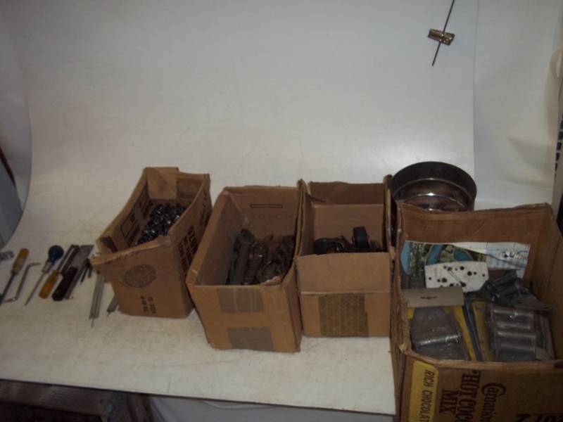 Large  Assortment of Old Wrenches, Assorted Hand Tools, Box of Large Hinges, Very Large Box of Bolts, Wheel Casters, Tin of Nails