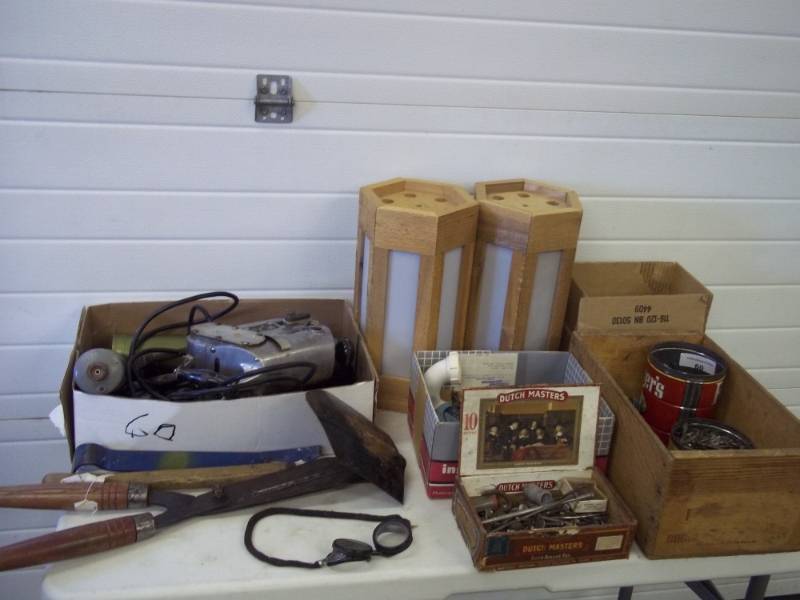 Vintage Glass Goggles, Military Surplus Shovel, WonderBar, Grass Cutter, Vintage Sander, Small Propane Cylinders, Box of Napkins, Large Assortment of Hardware, Gopher Trap